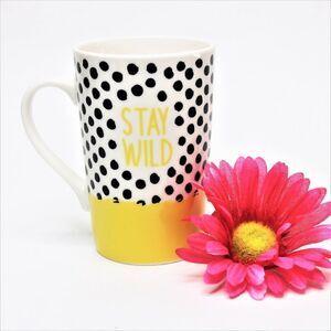 Tall Mug Morning Cup of Stay Wild Ceramic Yellow with Black Polka Dots 13 fl.